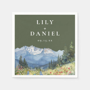 Olive Green Watercolor Mountain Wildflower Wedding Napkin