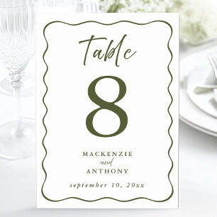 Olive Green Wavy Frame Wedding Modern Script Table Number