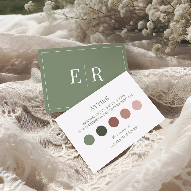 Olive Green Wedding Attire Guest Dress Code Card (Olive Green Wedding Attire Guest Dress Code Card on a boho wedding table.)
