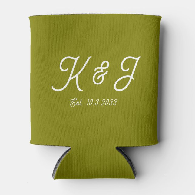 Olive Green Wedding Favour Monogrammed Can Cooler (Front)