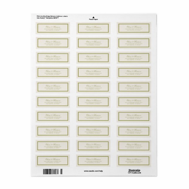 Olive Green Wedding Return Address Label (Full Sheet)