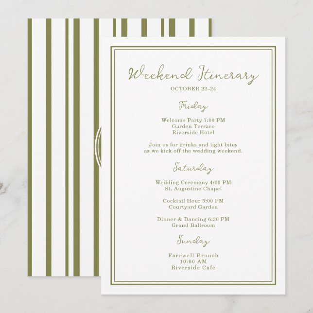 Olive Green Wedding Weekend Itinerary Card (Front/Back)