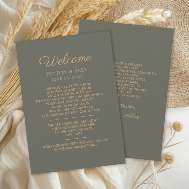 Olive Green Wedding Welcome Itinerary (Olive/sage green Wedding Welcome Itinerary 2-sided card)