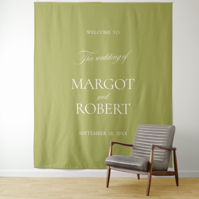Olive Green Wedding Welcome Sign Banner Tapestry (In Situ)
