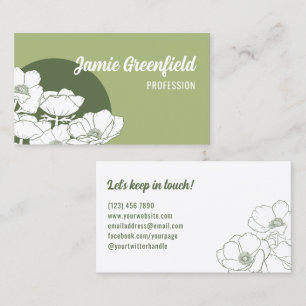 Olive Green White Anemones Line Art Business Card