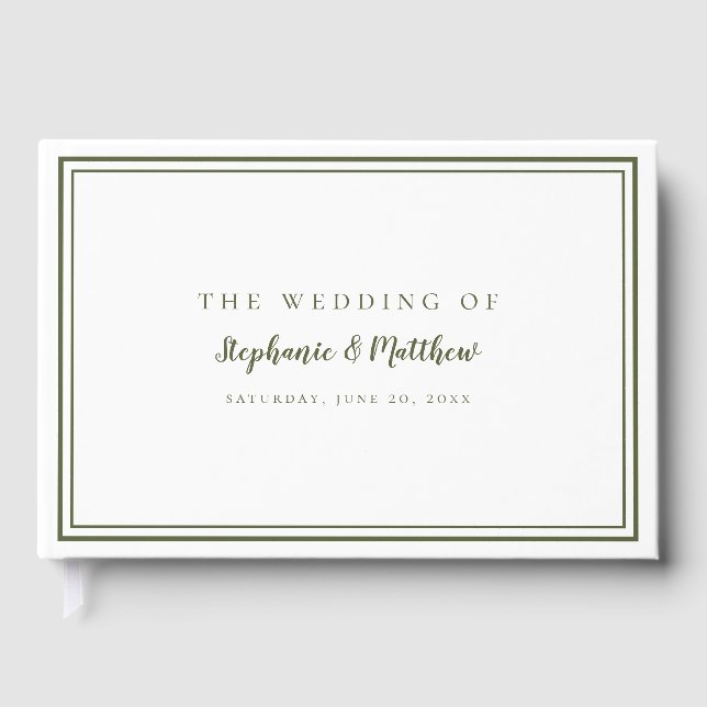 Olive Green & White Classic Simple Modern Wedding Guest Book (Front)