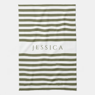 Olive Green & White Farmhouse Striped Pattern Tea Towel