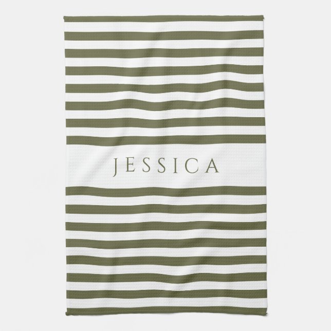 Olive Green & White Farmhouse Striped Pattern Tea Towel (Vertical)