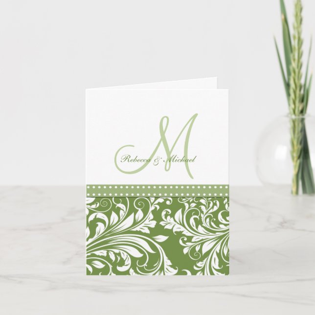 Olive Green & White Flora Damask Thank You! You Card (Front)