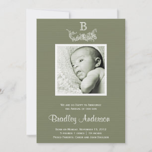 Olive Green White Frame Monogram Baby Announcement