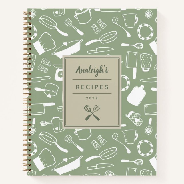 Olive Green White Hand Drawn Kitchenware Recipes Notebook (Front)