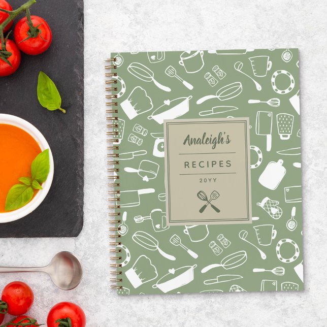 Olive Green White Hand Drawn Kitchenware Recipes Notebook (Creator Uploaded)