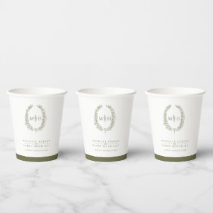 Olive green white hand drawn leaf monogram wedding paper cups