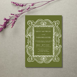 Olive Green & White Lace Old Money Vintage Wedding Invitation