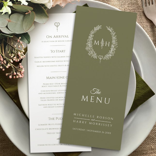 Olive green white leaf oval monogram wedding menu (Creator Uploaded)