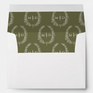 olive green white monogram wreath wedding envelope