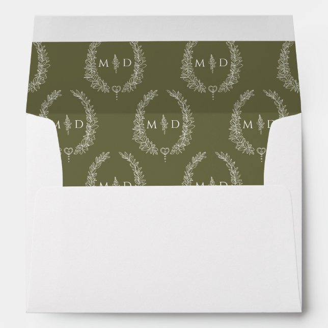 olive green white monogram wreath wedding envelope (Back (Bottom))