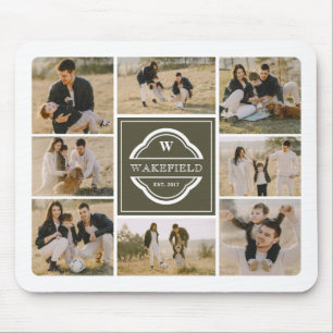 Olive Green White Monogram & Year Photo Collage Mouse Mat