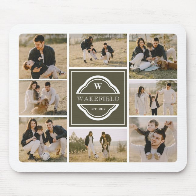 Olive Green White Monogram & Year Photo Collage Mouse Mat (Front)