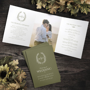 Olive green white oval leaf monogram wedding photo Tri-Fold programme