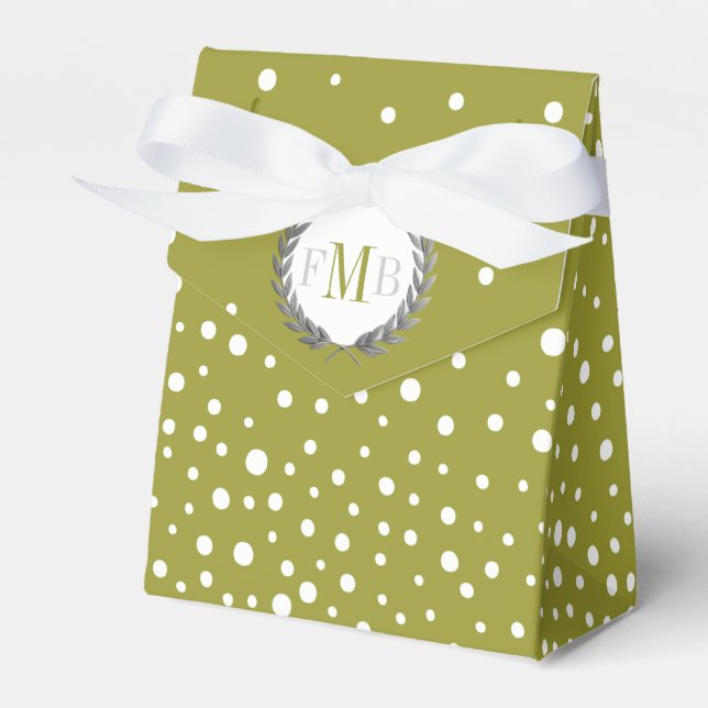 Olive green, white polka dot pattern wedding fav favour box (Front Side)