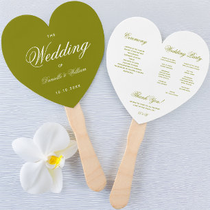 Olive Green White Script Heart Wedding Program Hand Fan
