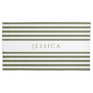 Olive Green & White Striped Pattern Name Pillow Ca Pillowcase
