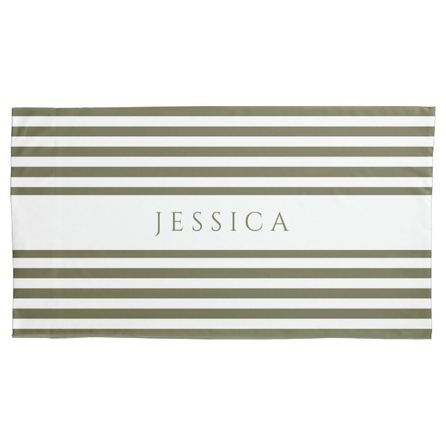 Olive Green & White Striped Pattern Name Pillow Ca Pillowcase (Front)