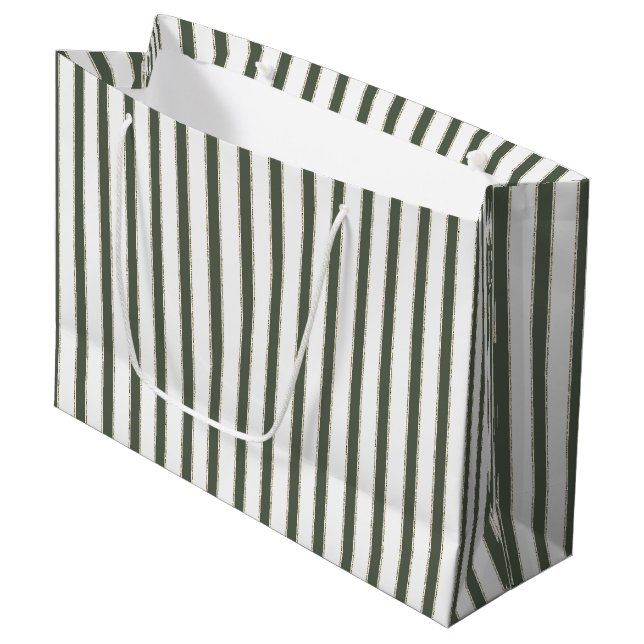 Olive Green White Stripes Christmas Large Gift Bag (Front Angled)