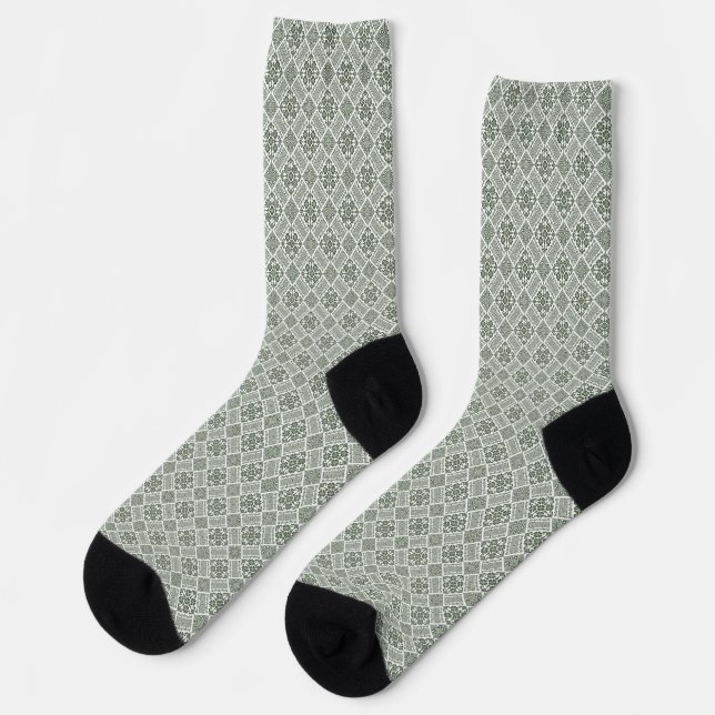 Olive Green & White Tatreez Henna Thobe Pattern Socks (Left)