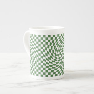 Olive Green & White Warped Chequered Pattern    Bone China Mug