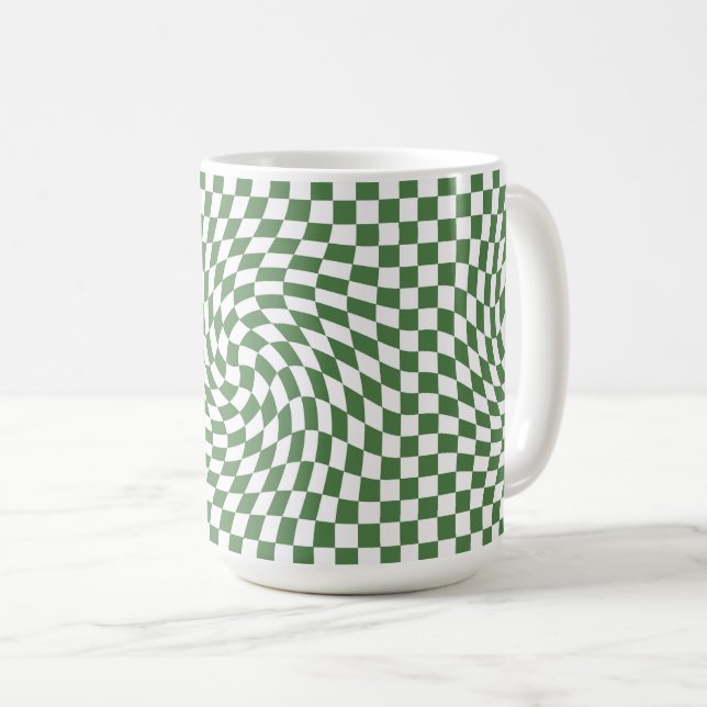 Olive Green & White Warped Chequered Pattern    Coffee Mug (Front Right)