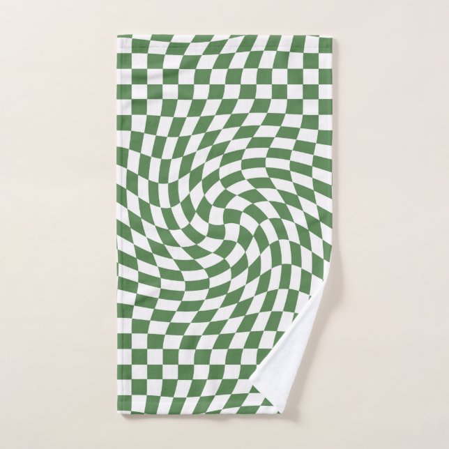 Olive Green & White Warped Chequered Pattern    Hand Towel (Hand Towel)