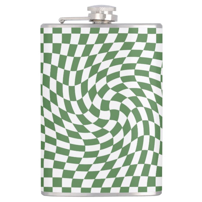 Olive Green & White Warped Chequered Pattern    Hip Flask (Front)