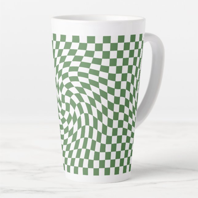 Olive Green & White Warped Chequered Pattern    Latte Mug (Right Angle)