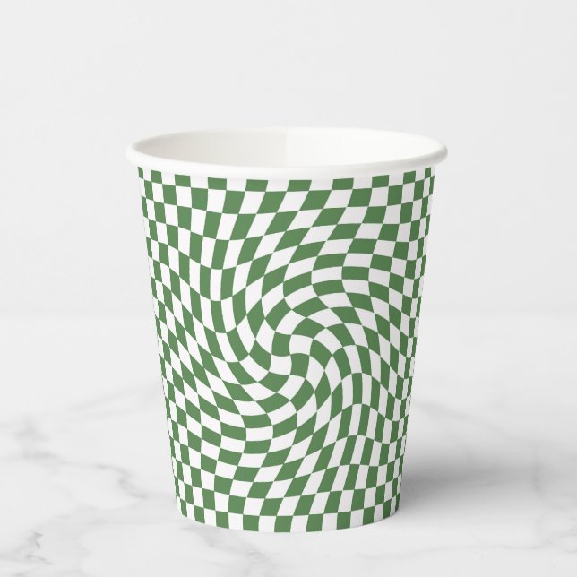 Olive Green & White Warped Chequered Pattern    Paper Cups (Left)