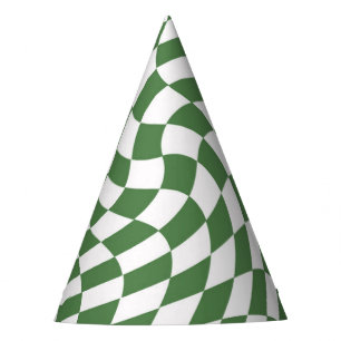 Olive Green & White Warped Chequered Pattern Party Hat