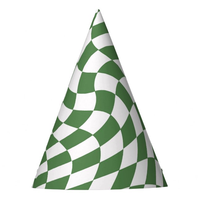 Olive Green & White Warped Chequered Pattern    Party Hat (Front)