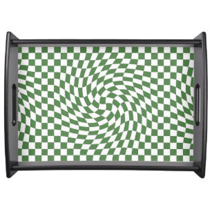 Olive Green & White Warped Chequered Pattern    Serving Tray