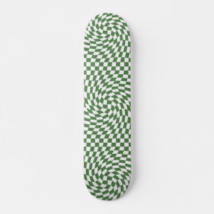 Olive Green & White Warped Chequered Pattern    Skateboard