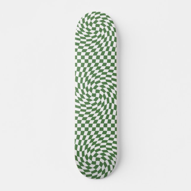 Olive Green & White Warped Chequered Pattern    Skateboard (Front)