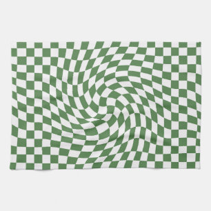 Olive Green & White Warped Chequered Pattern    Tea Towel