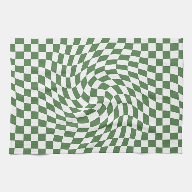 Olive Green & White Warped Chequered Pattern    Tea Towel (Horizontal)