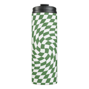 Olive Green & White Warped Chequered Pattern    Thermal Tumbler