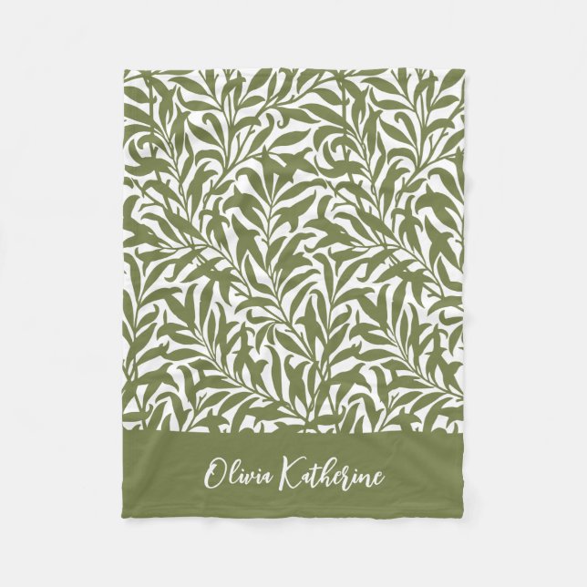 Olive Green Willow Bough Monogrammed Fleece Blanket (Front)