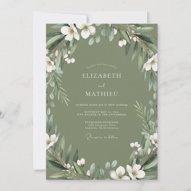 Olive Green Wispy Botanical Wedding Invitation (Front)