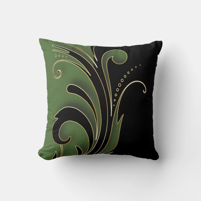 Olive Green with Black Florid Design Pattern Cushion (Front)