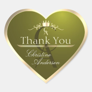 Olive Green with Gold Frame and Monogram Thank You Heart Sticker