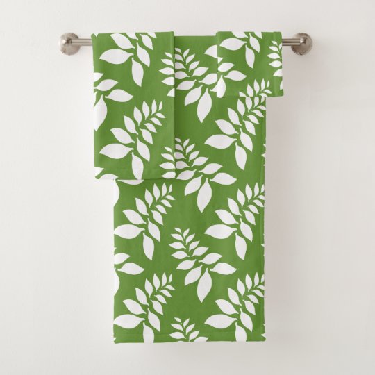 Olive Green with white leaves bath towel set Zazzle.co.uk