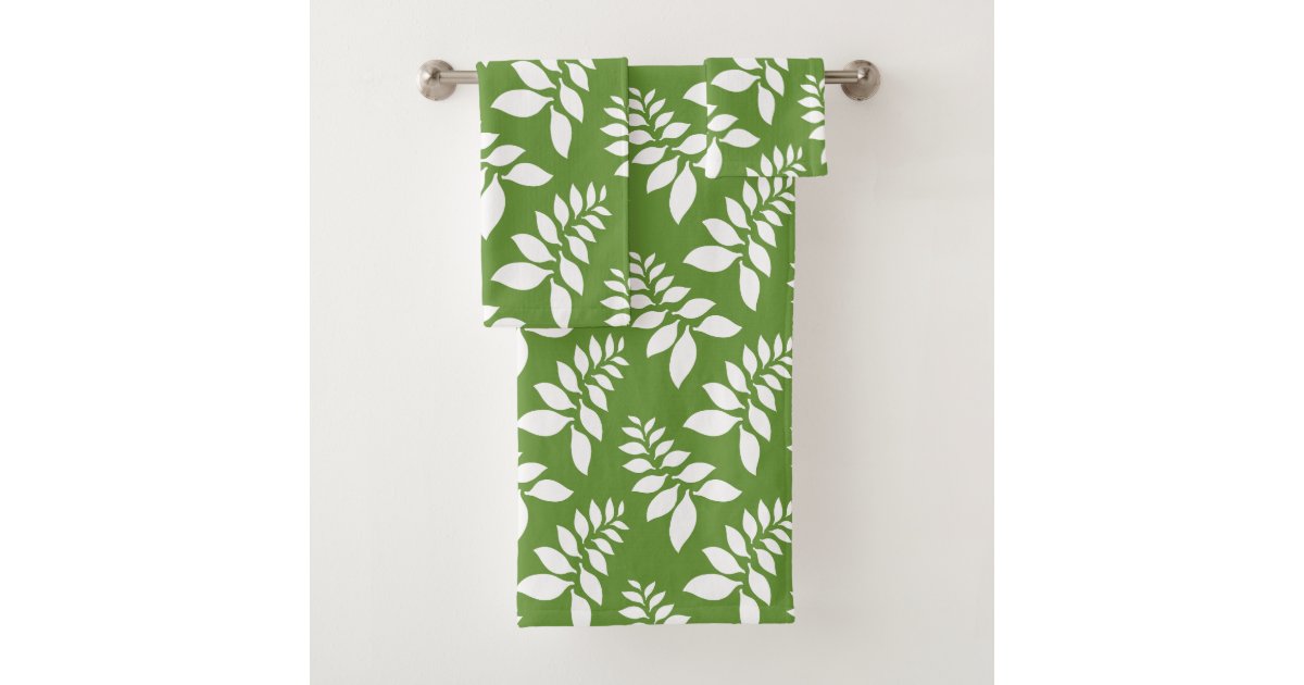 Olive Green with white leaves bath towel set | Zazzle.co.uk